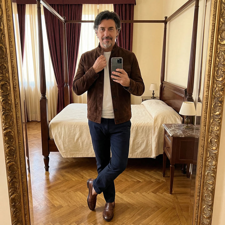Men's Suede Effect Jacket with High Collar and Button Closure