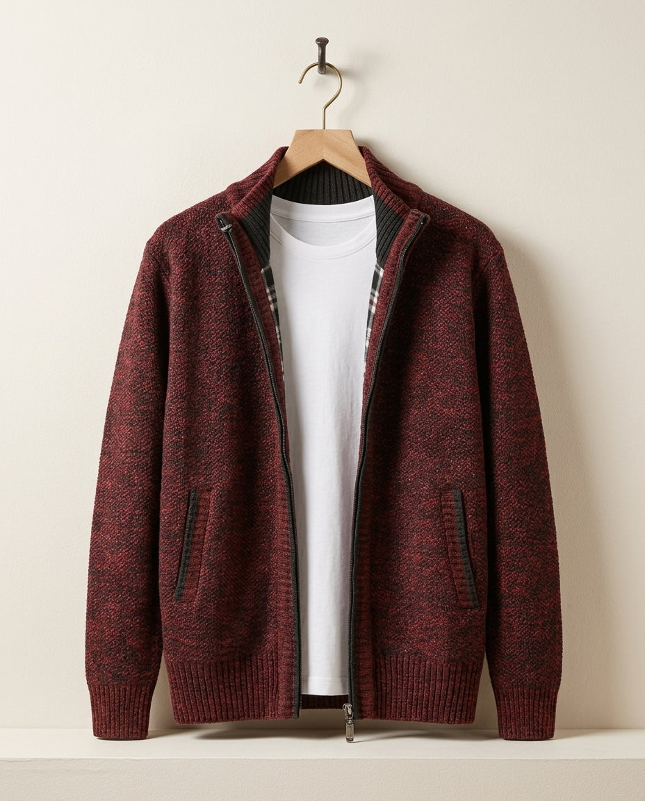 Men's Zip-Up Knit Jacket with Stand Collar