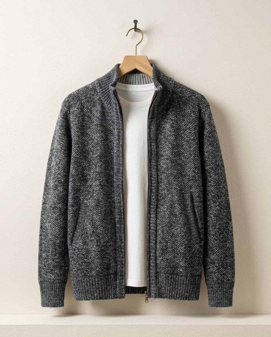 Men's Zip-Up Knit Jacket with Stand Collar