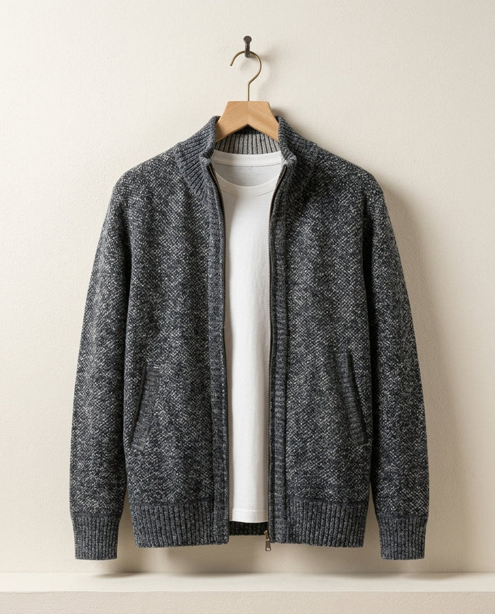 Men's Zip-Up Knit Jacket with Stand Collar