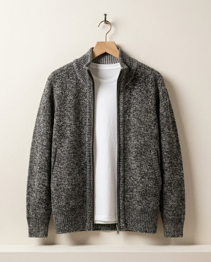 Men's Zip-Up Knit Jacket with Stand Collar