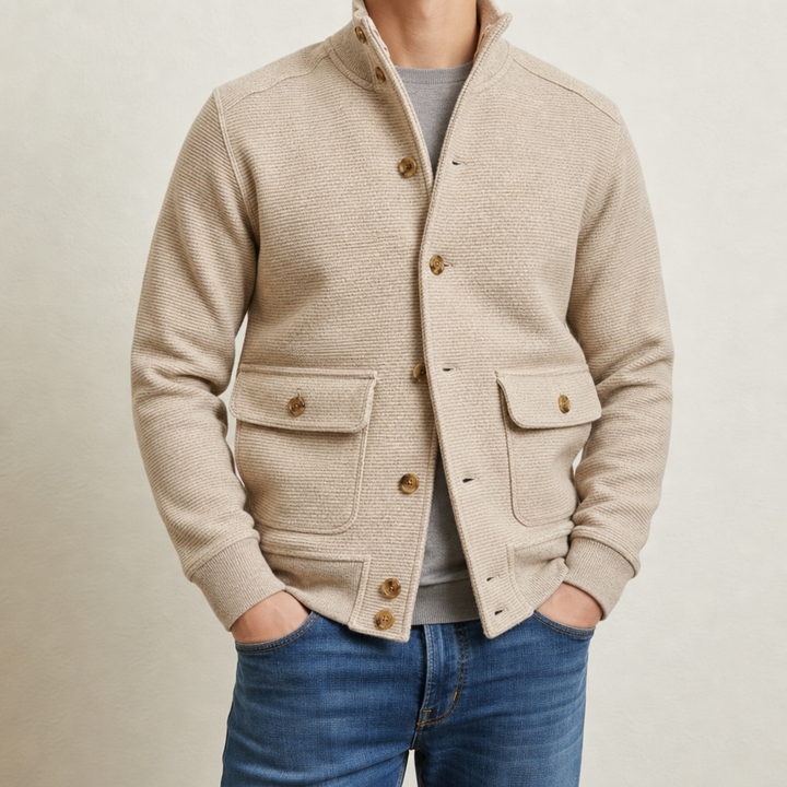 Men's Knit Jacket with High Collar and Button Closure