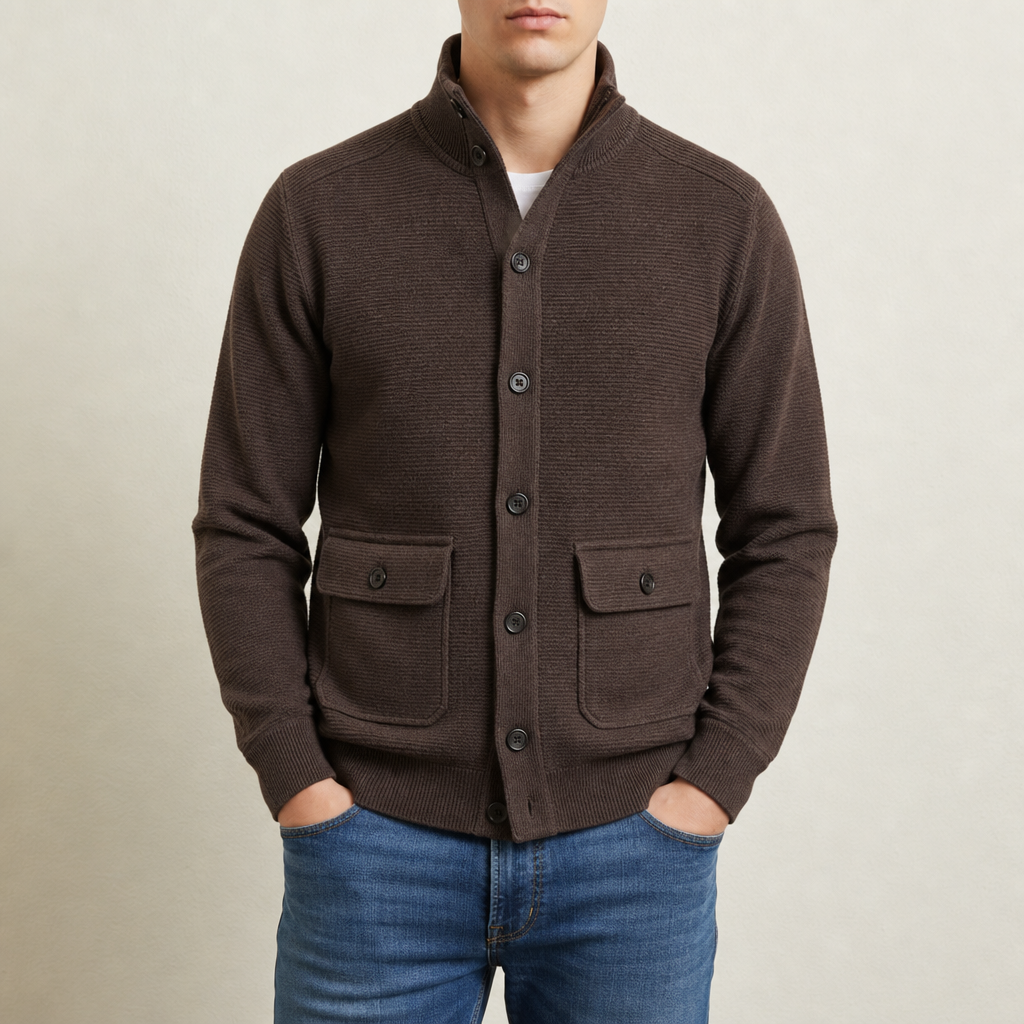 Men's Knit Jacket with High Collar and Button Closure