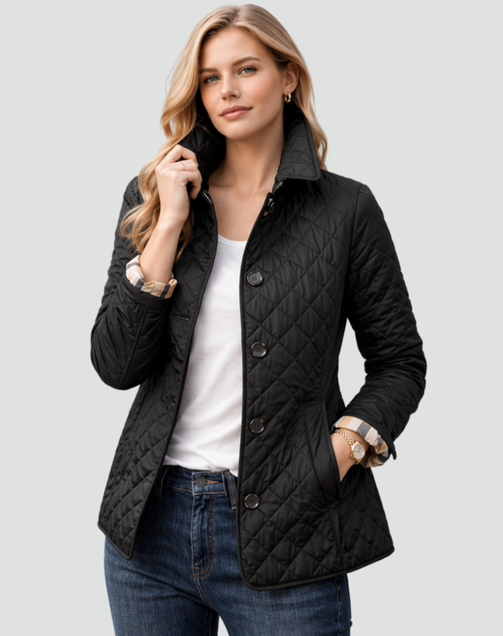 Women's Buttoned Quilted Jacket with Shirt Collar and Pockets
