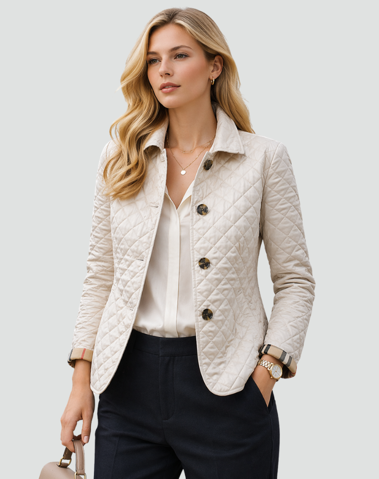Women's Buttoned Quilted Jacket with Shirt Collar and Pockets
