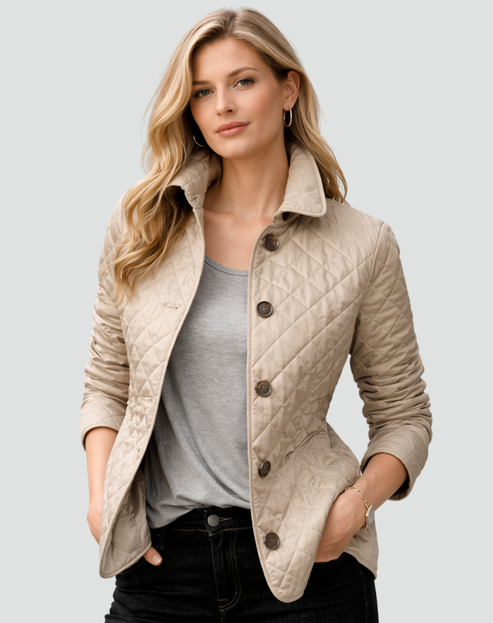 Women's Buttoned Quilted Jacket with Shirt Collar and Pockets
