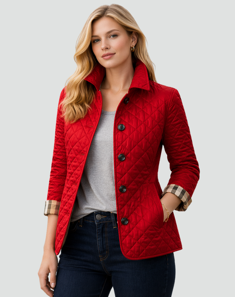 Women's Buttoned Quilted Jacket with Shirt Collar and Pockets