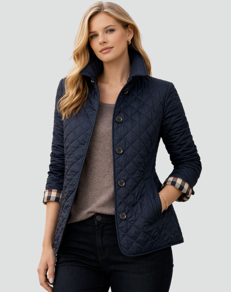Women's Buttoned Quilted Jacket with Shirt Collar and Pockets