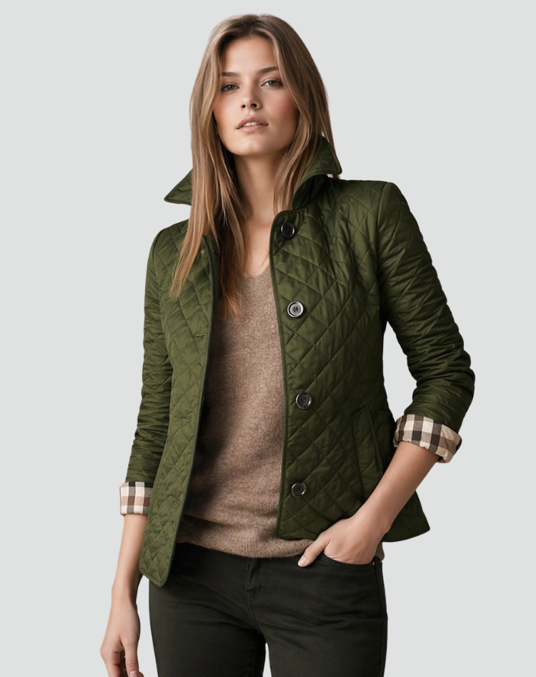Women's Buttoned Quilted Jacket with Shirt Collar and Pockets