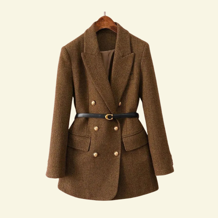 Women's Mid-Season Double-Breasted Tweed Jacket with Belt and 3/4 Sleeves