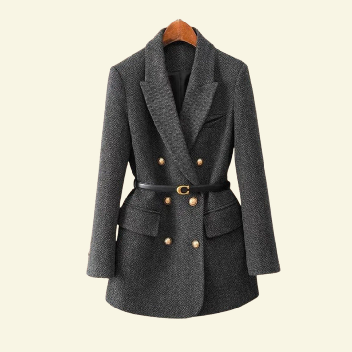 Women's Mid-Season Double-Breasted Tweed Jacket with Belt and 3/4 Sleeves
