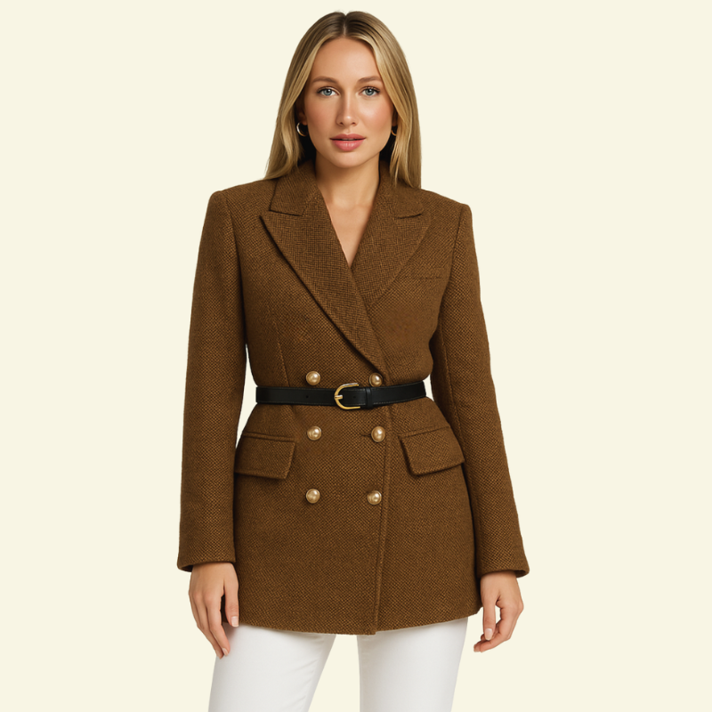 Women's Mid-Season Double-Breasted Tweed Jacket with Belt and 3/4 Sleeves