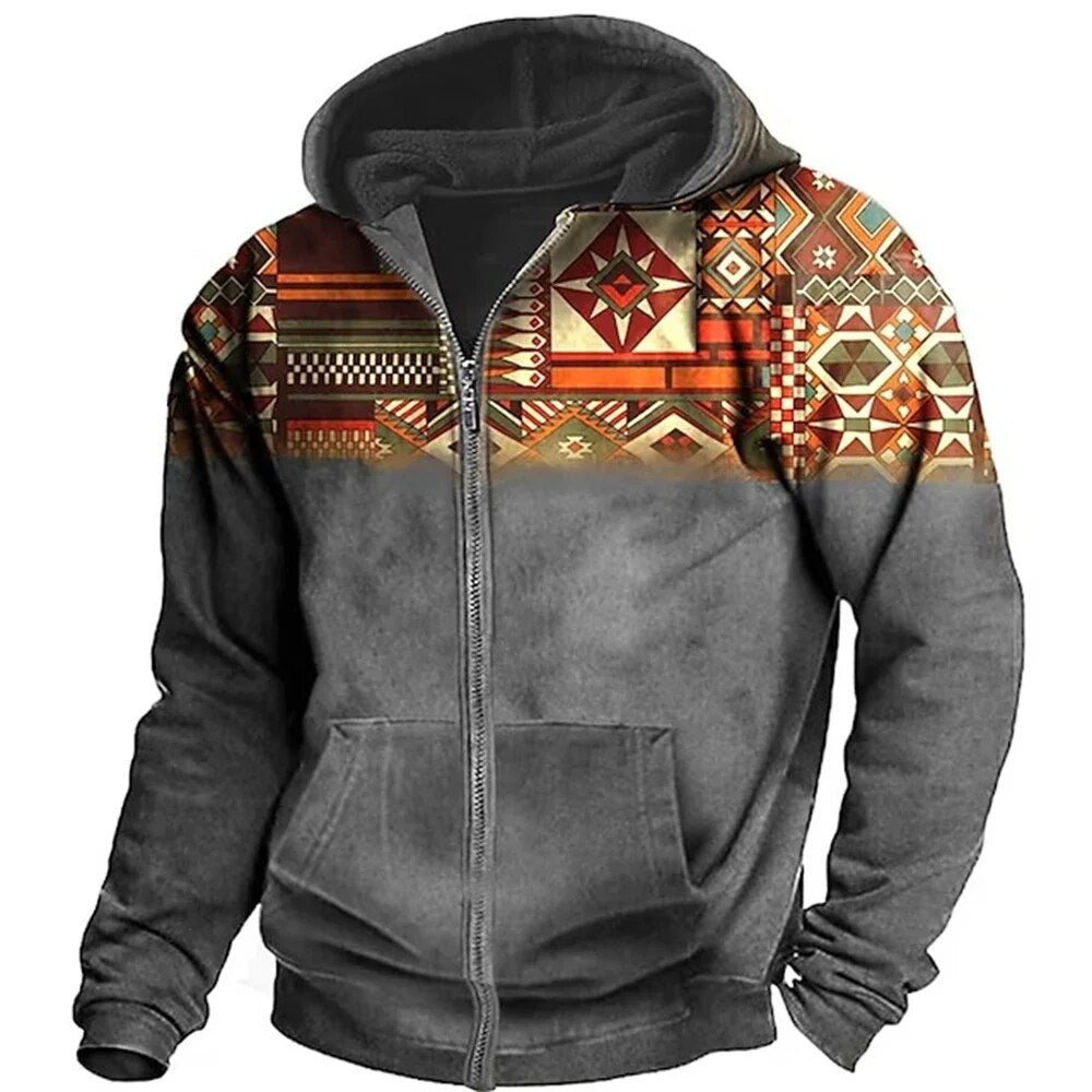 Men's Zip-Up Hooded Fleece Jacket with Aztec Pattern