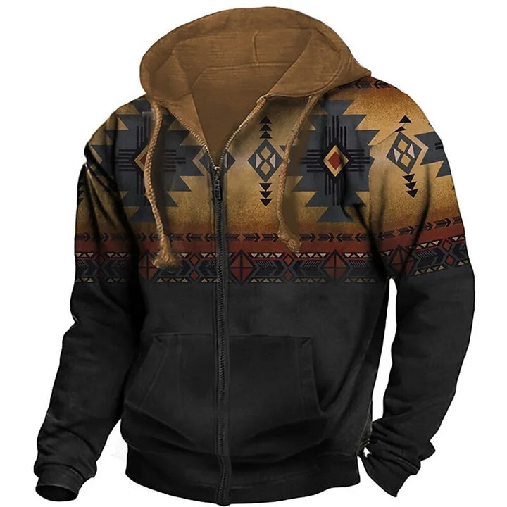 Men's Zip-Up Hooded Fleece Jacket with Aztec Pattern