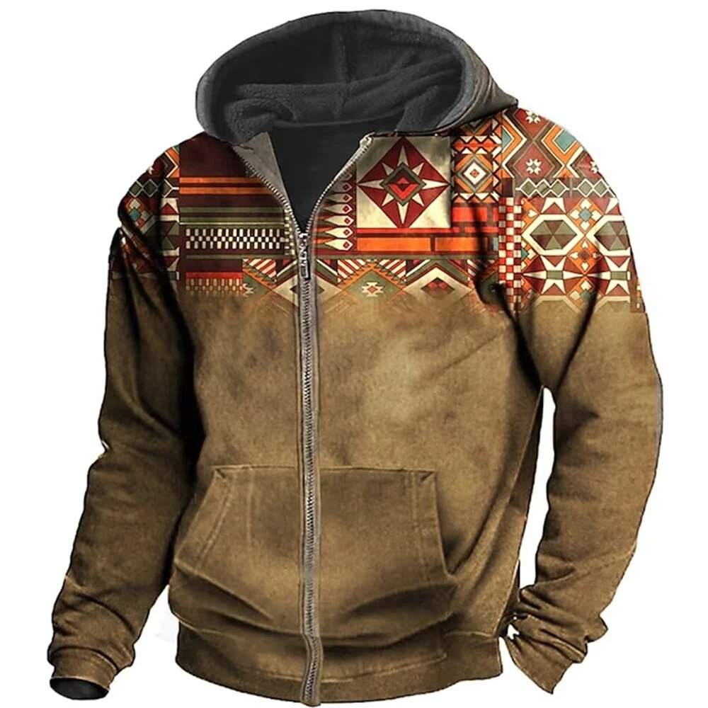 Men's Zip-Up Hooded Fleece Jacket with Aztec Pattern