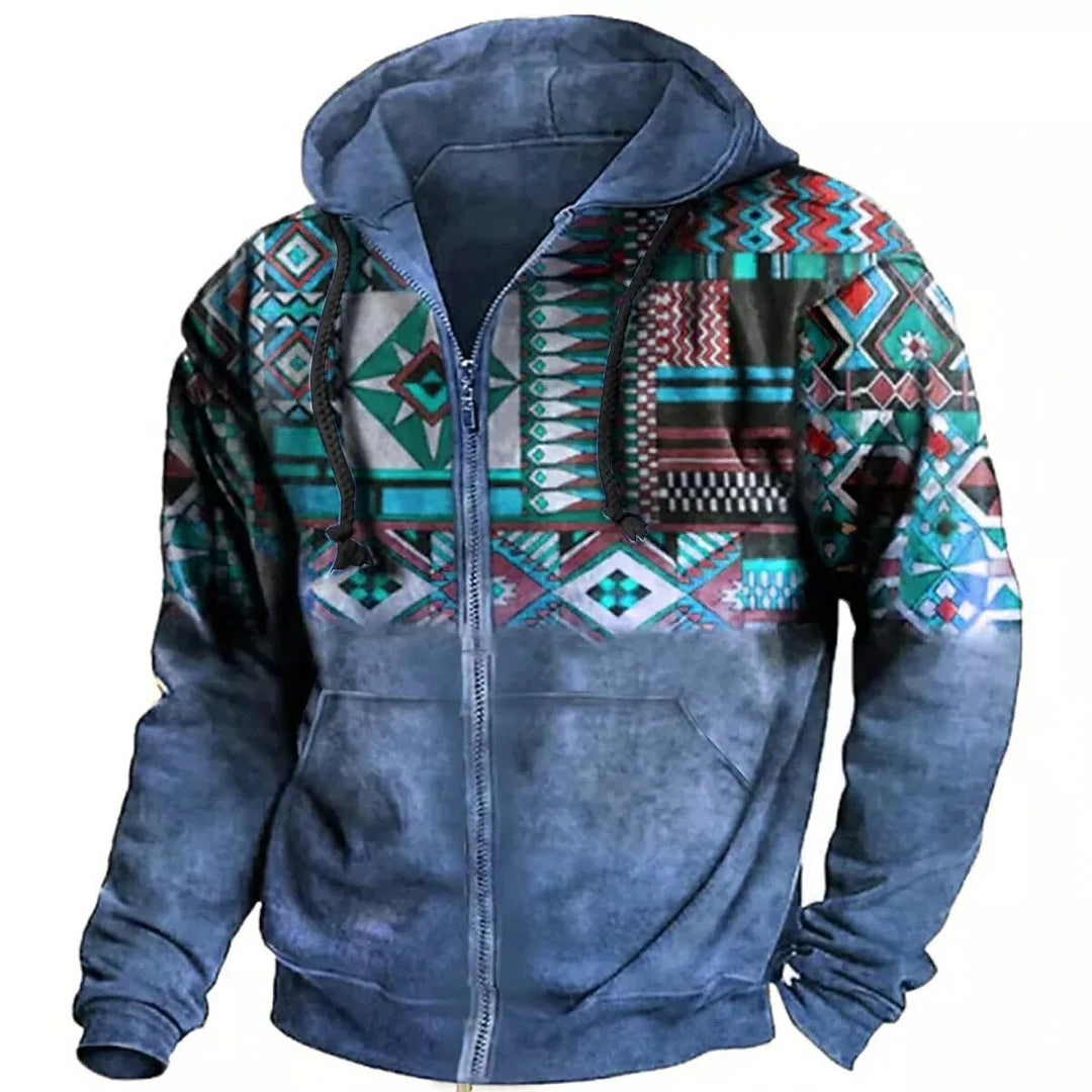 Men's Zip-Up Hooded Fleece Jacket with Aztec Pattern