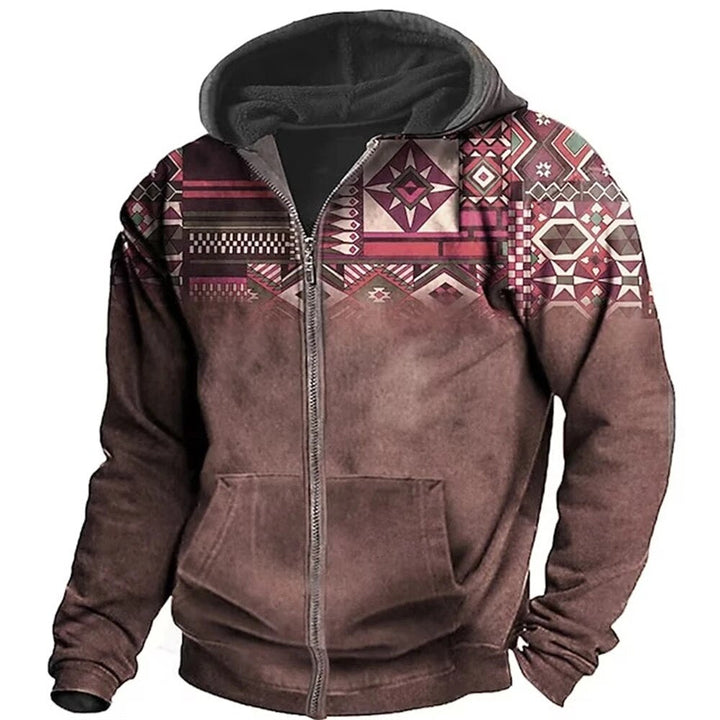 Men's Zip-Up Hooded Fleece Jacket with Aztec Pattern