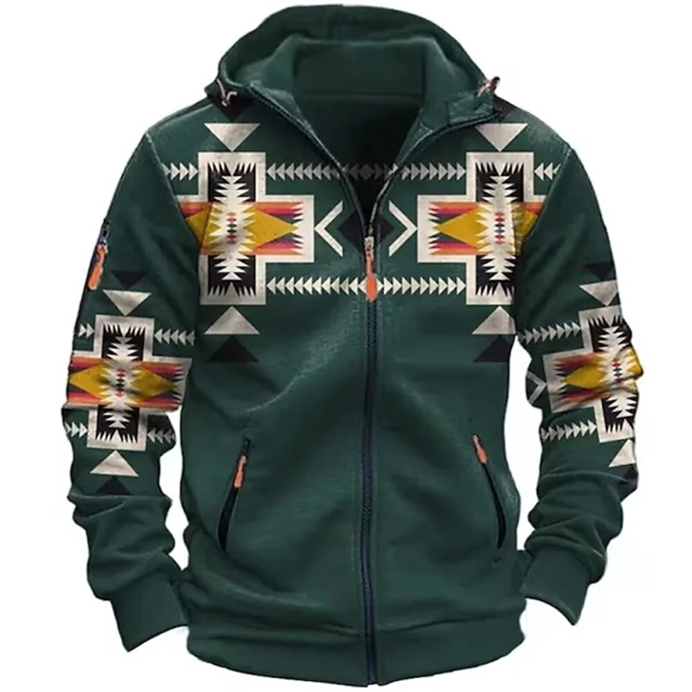Men's Zip-Up Hooded Fleece Jacket with Aztec Pattern