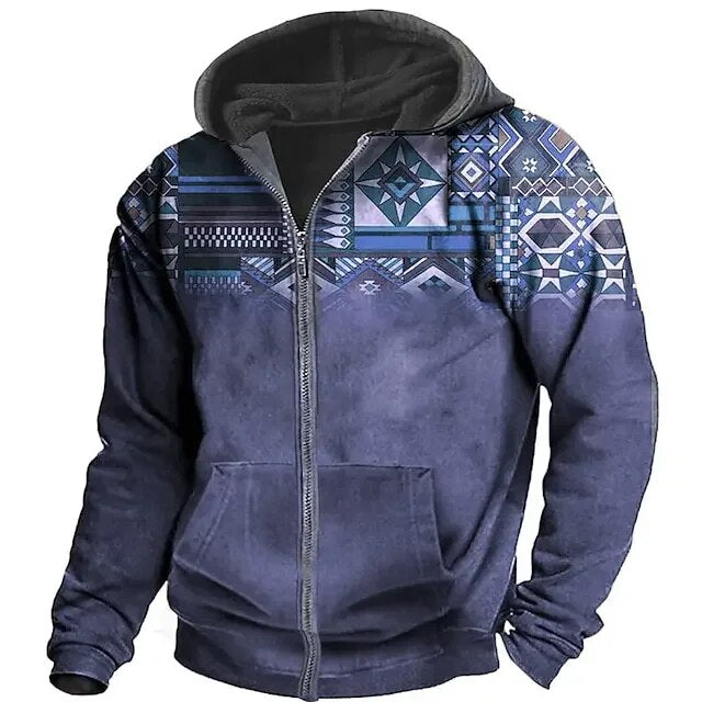 Men's Zip-Up Hooded Fleece Jacket with Aztec Pattern