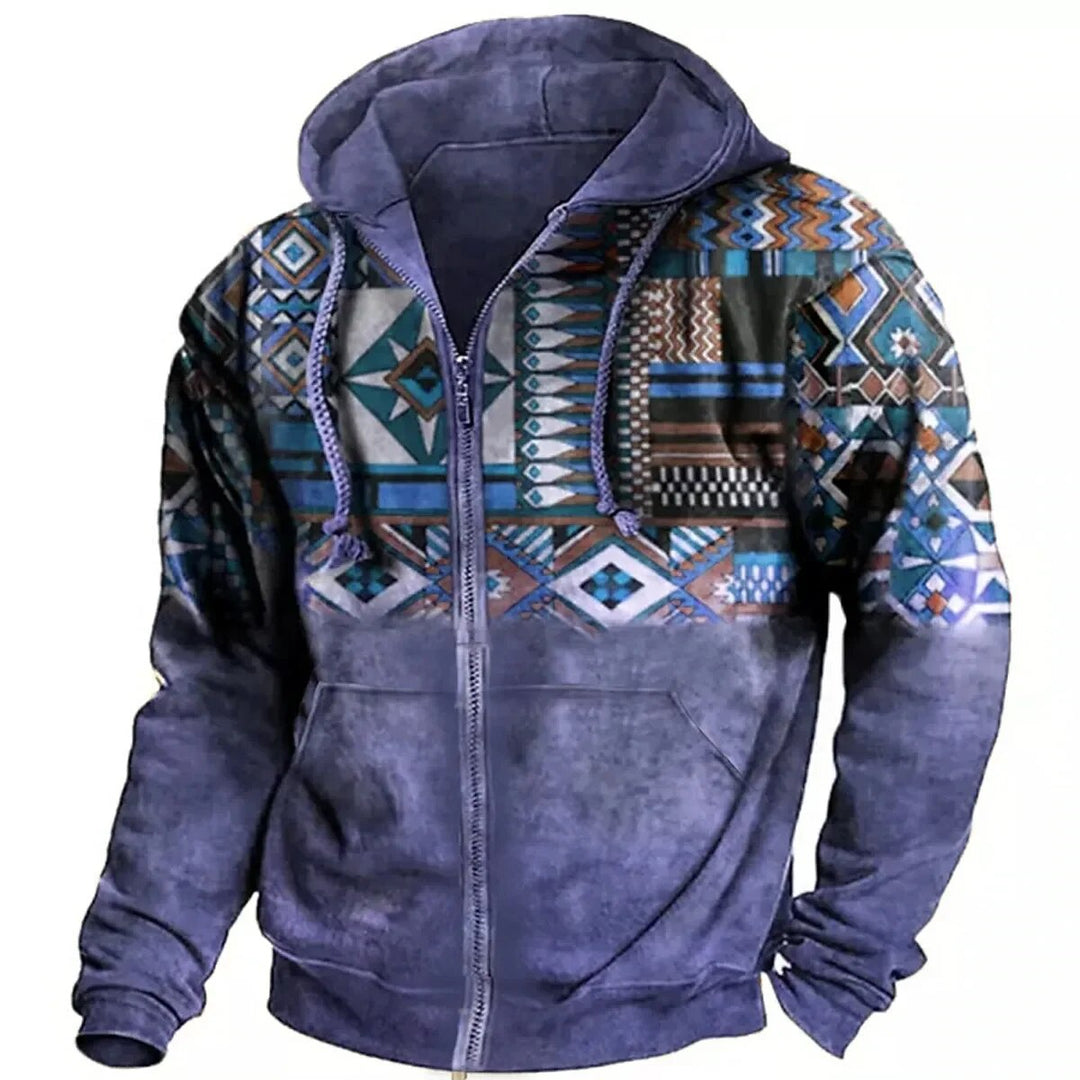 Men's Zip-Up Hooded Fleece Jacket with Aztec Pattern