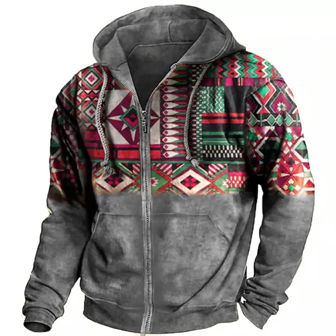 Men's Zip-Up Hooded Fleece Jacket with Aztec Pattern