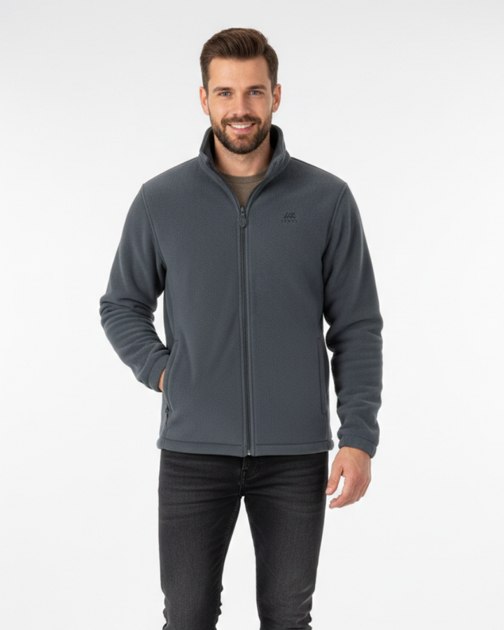 Men's Sherpa-Lined Fleece Jacket with High Collar and Zipper Closure