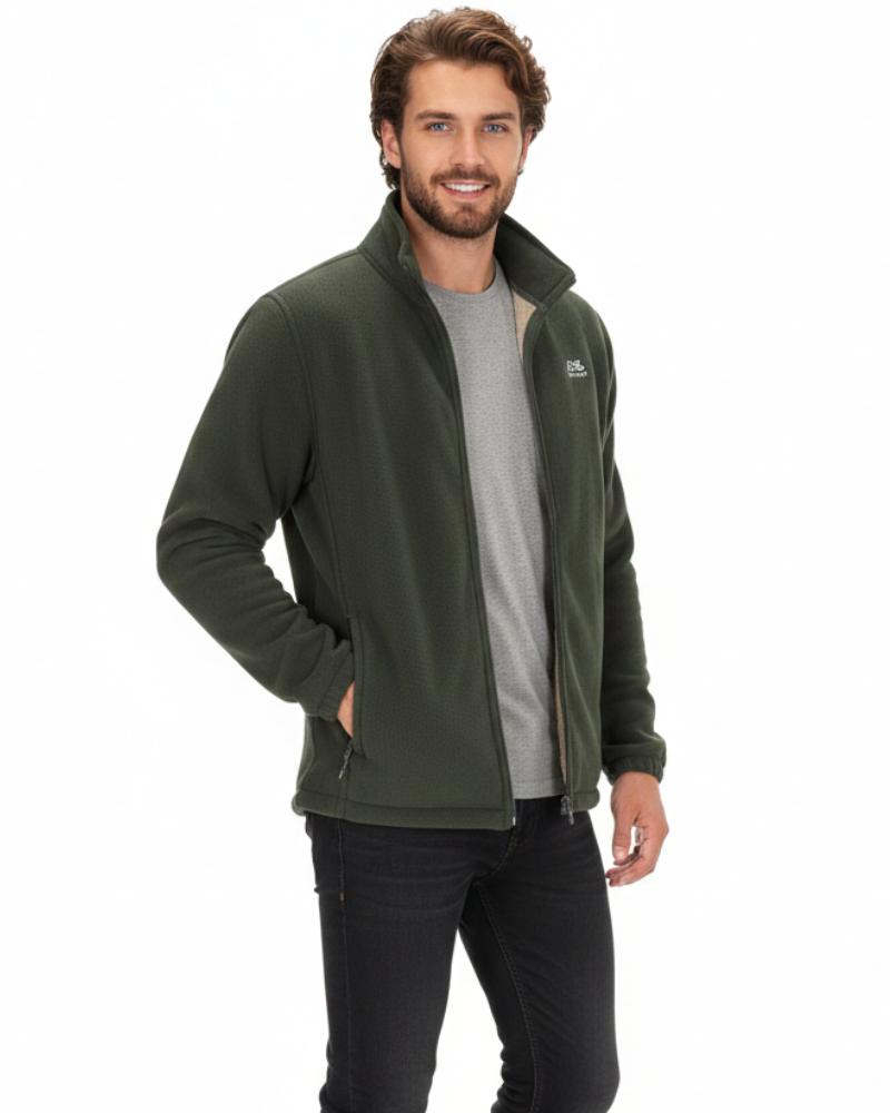 Men's Sherpa-Lined Fleece Jacket with High Collar and Zipper Closure