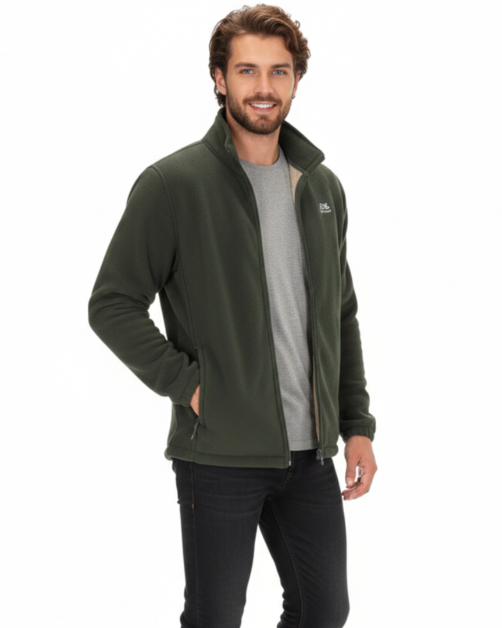 Men's Sherpa-Lined Fleece Jacket with High Collar and Zipper Closure