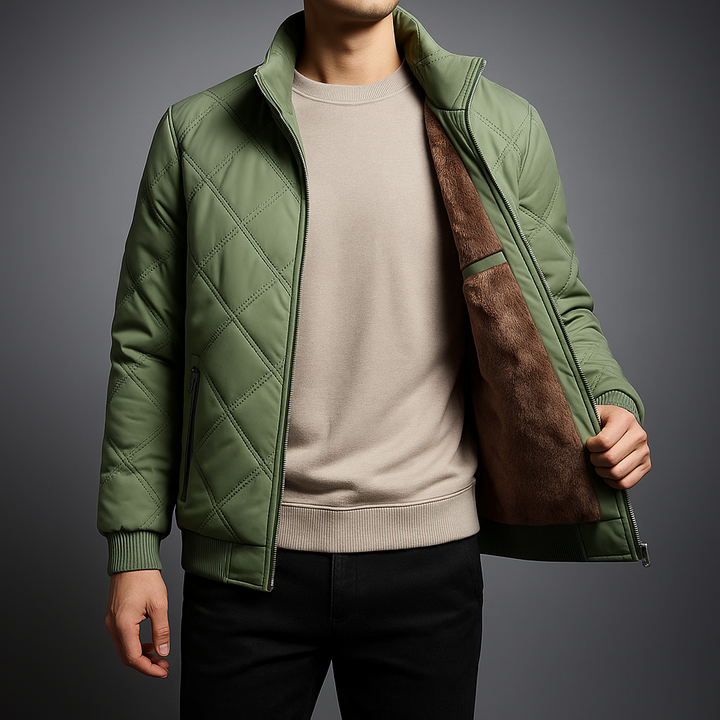 Men's Quilted Fleece Jacket with Windbreaker and Zipper Closure