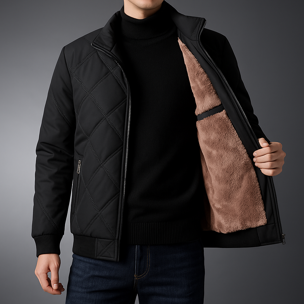 Men's Quilted Fleece Jacket with Windbreaker and Zipper Closure