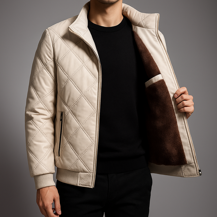 Men's Quilted Fleece Jacket with Windbreaker and Zipper Closure