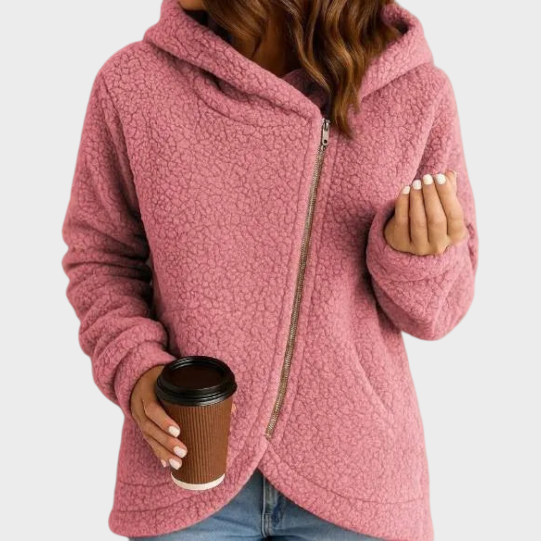 Women's Sherpa Fleece Hooded Jacket with Zipper and Long Sleeves