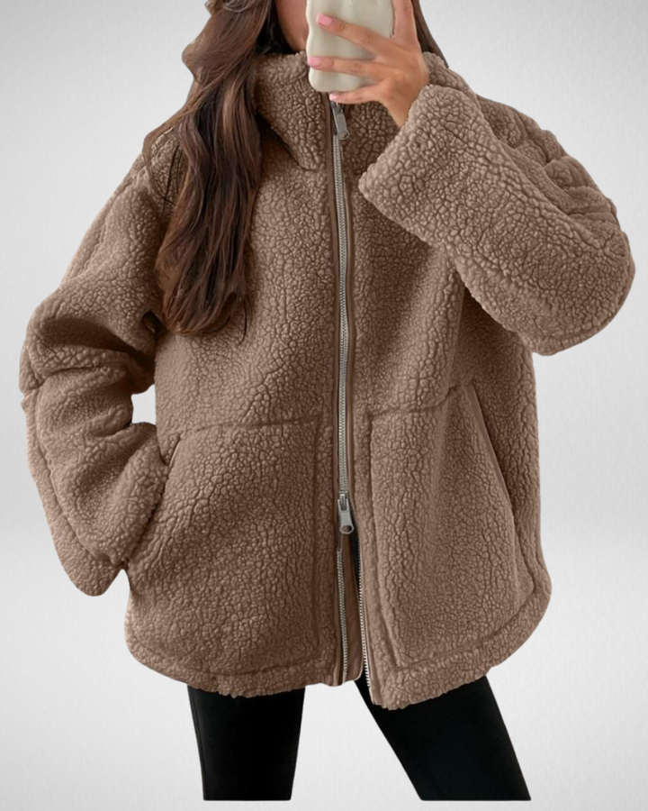 Oversized Teddy Fleece Jacket for Women with High Collar and Zipper
