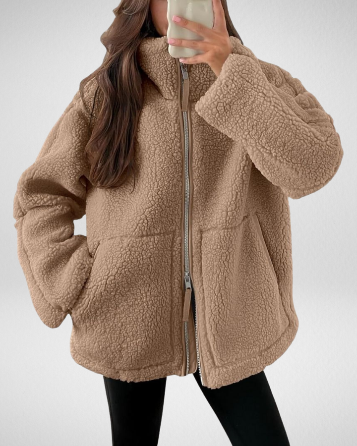 Oversized Teddy Fleece Jacket for Women with High Collar and Zipper
