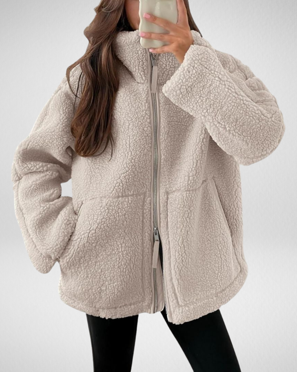 Oversized Teddy Fleece Jacket for Women with High Collar and Zipper