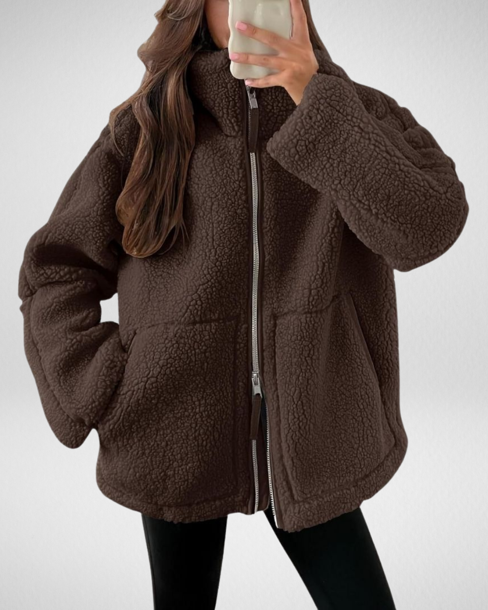 Oversized Teddy Fleece Jacket for Women with High Collar and Zipper