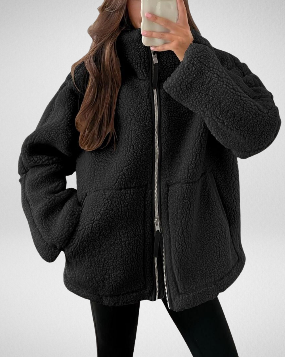 Oversized Teddy Fleece Jacket for Women with High Collar and Zipper
