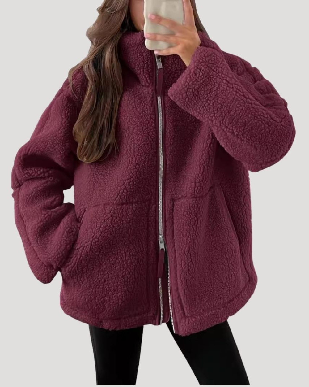 Oversized Teddy Fleece Jacket for Women with High Collar and Zipper