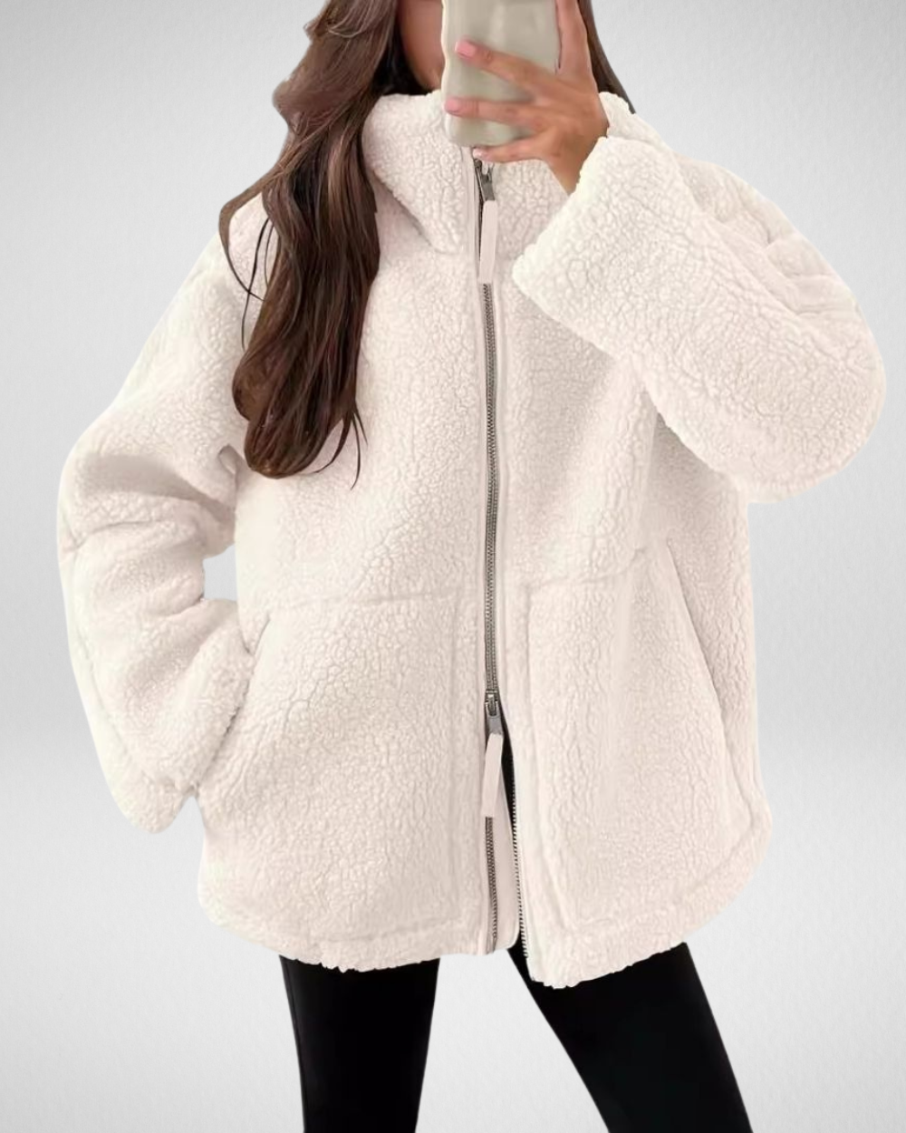 Oversized Teddy Fleece Jacket for Women with High Collar and Zipper