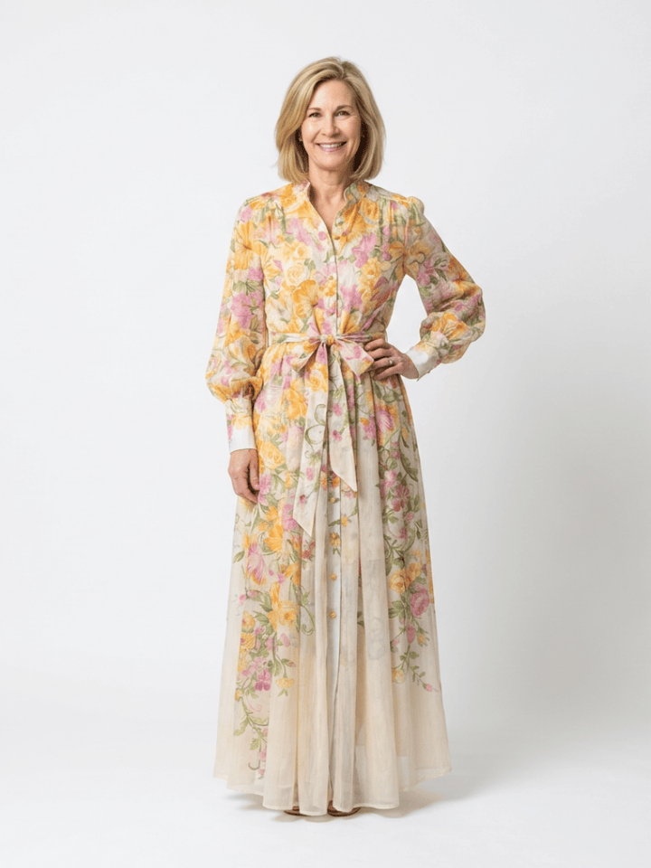 Cressida™ floral sheer long dress by Emma & Rose Cape Town featuring lightweight fabric and intricate floral patterns.