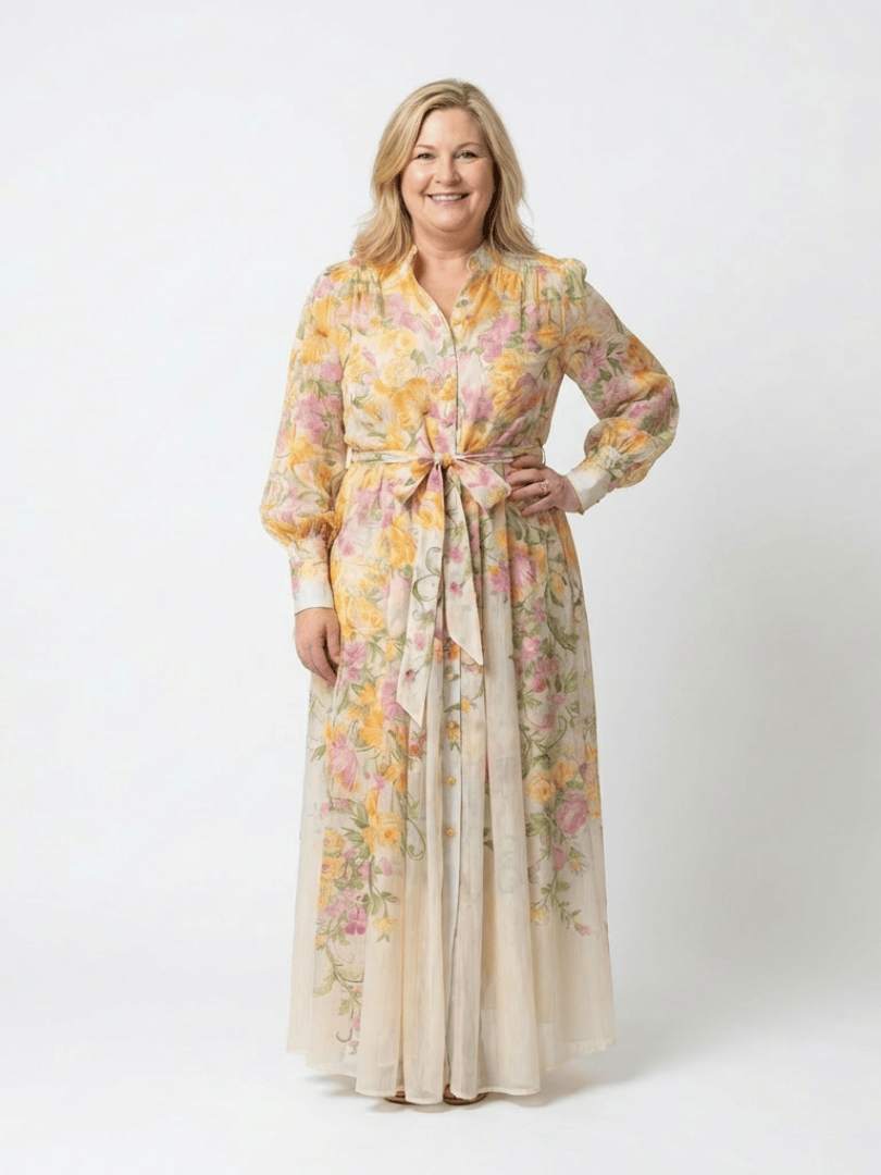 Emma & Rose Cape Town Cressida floral sheer long dress with flowing fabric and delicate floral pattern on a model.