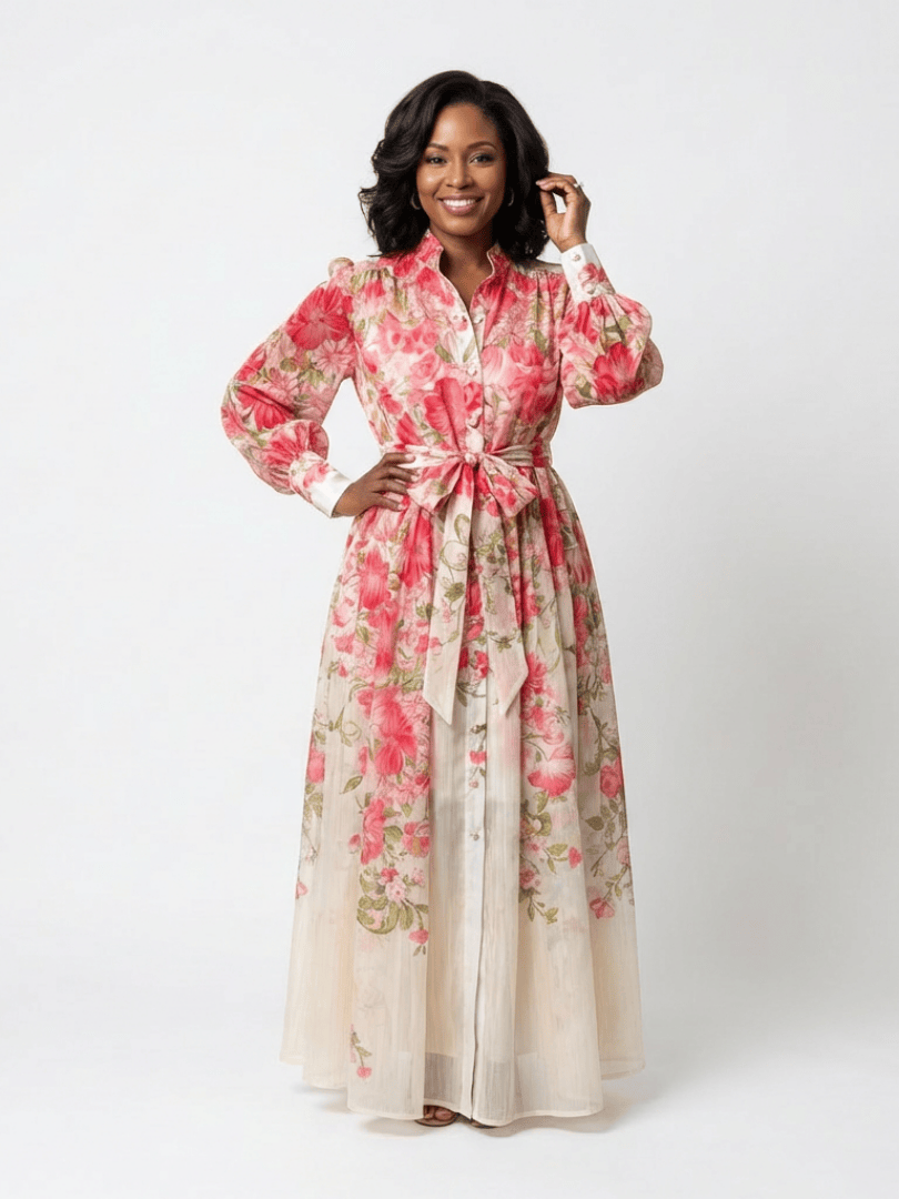 Elegant Cressida™ floral sheer long dress by Emma & Rose Cape Town, featuring delicate floral patterns and flowing fabric.