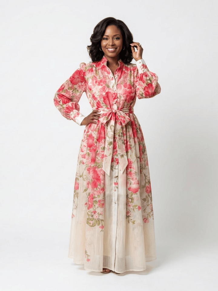 Elegant Cressida™ floral sheer long dress by Emma & Rose Cape Town, featuring delicate floral patterns and flowing fabric.