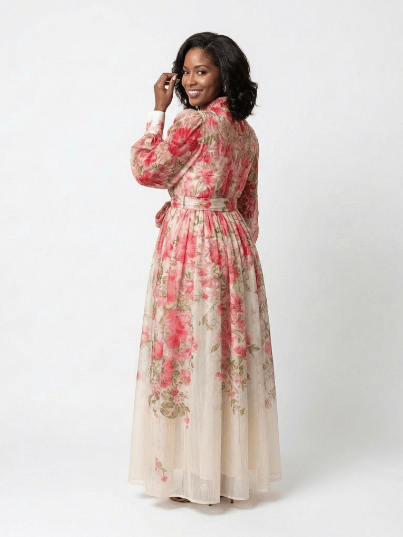 Elegant floral sheer long dress from Emma & Rose Cape Town featuring lightweight, flowing fabric and intricate floral patterns.