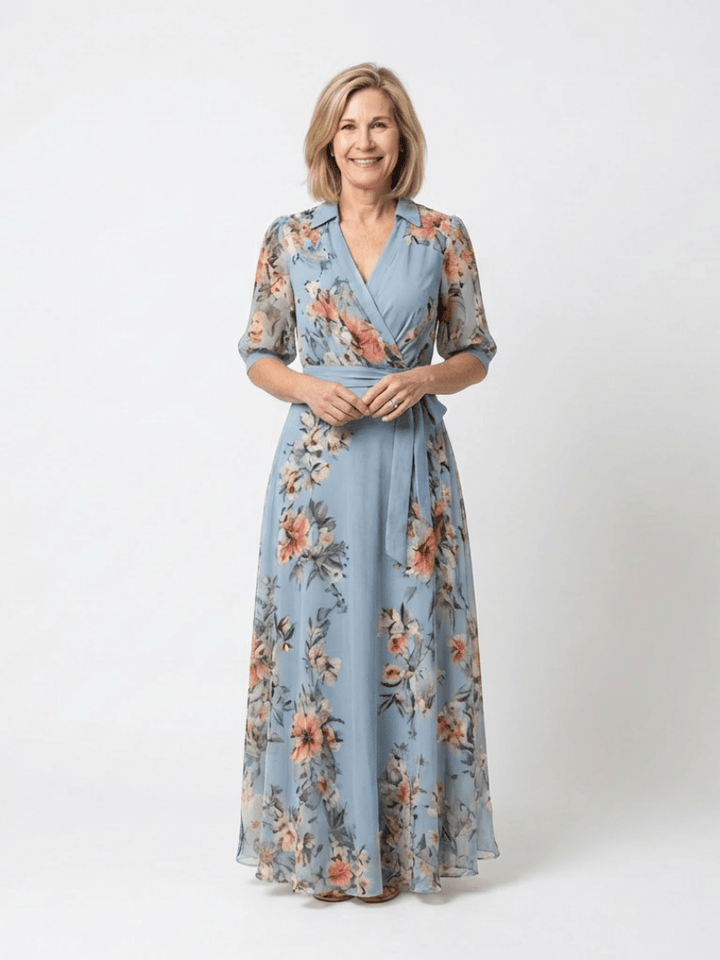 Elegant Elowen™ V-neck maxi dress by Emma & Rose Cape Town, featuring flowing fabric and a stylish V-neck design.