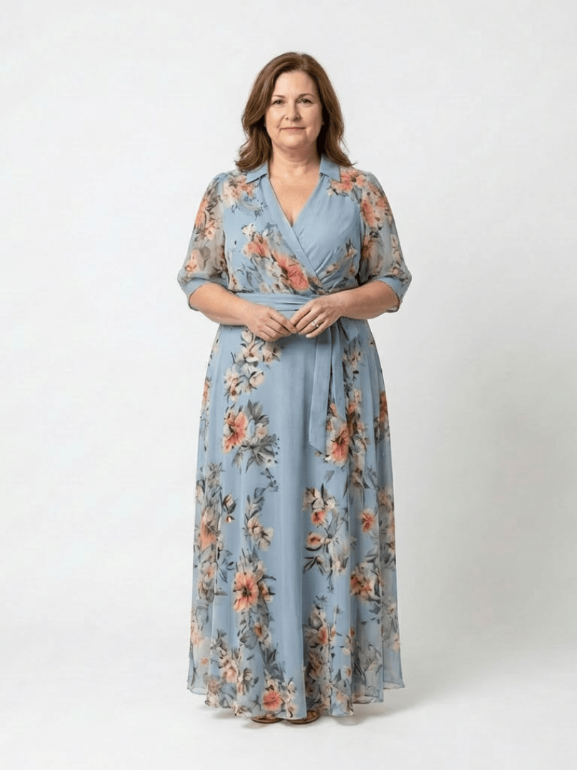 Elegant Elowen™ V Neck Maxi Dress by Emma & Rose Cape Town, flowing fabric and V-shaped neckline, full-length design.