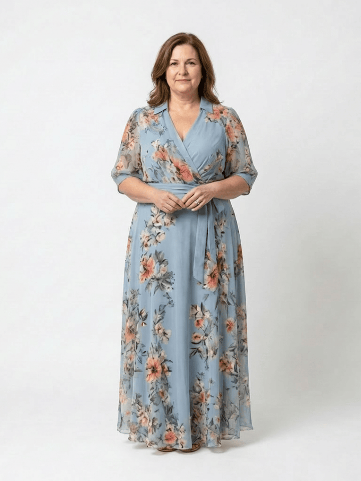Elegant Elowen™ V Neck Maxi Dress by Emma & Rose Cape Town, flowing fabric and V-shaped neckline, full-length design.