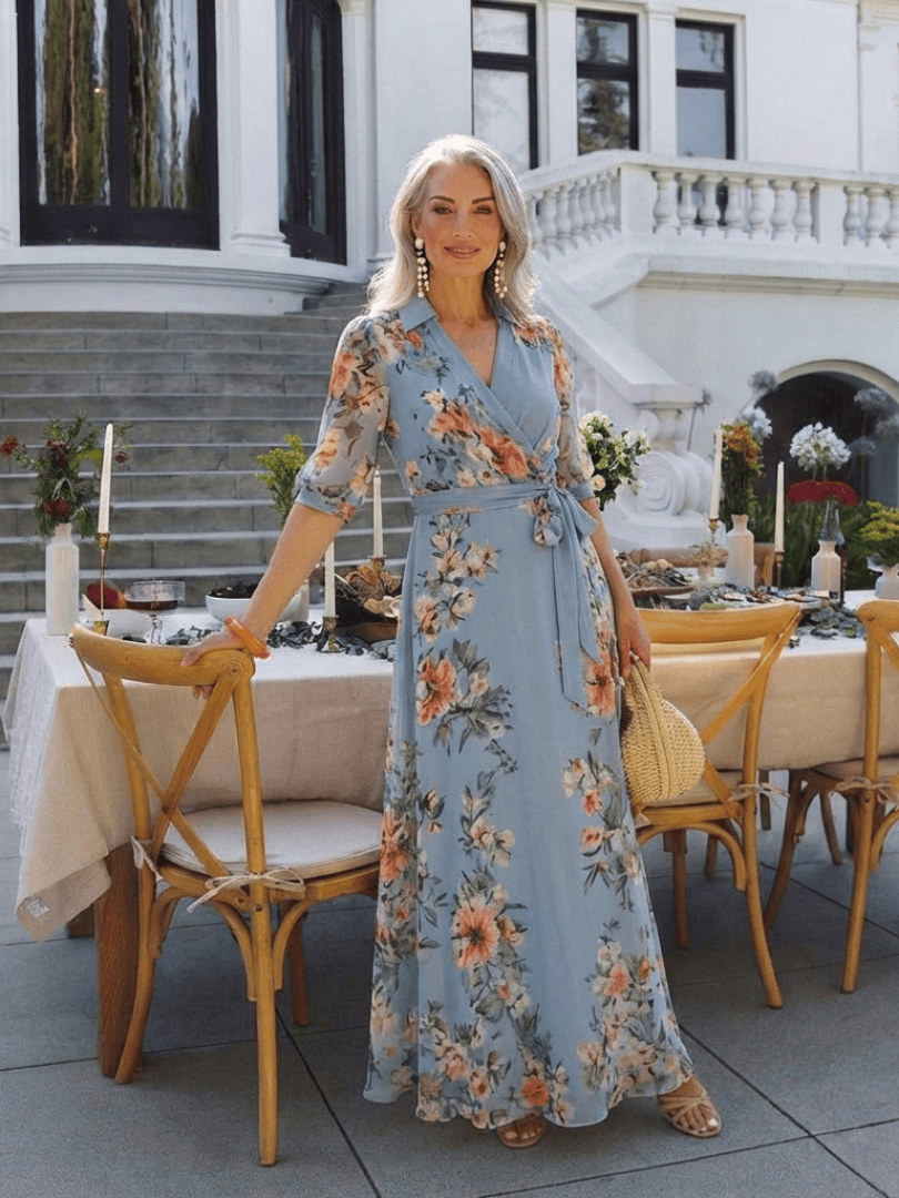 Emma & Rose Cape Town Elowen™ V Neck Maxi Dress in flowy fabric, featuring a V neckline and elegant silhouette.