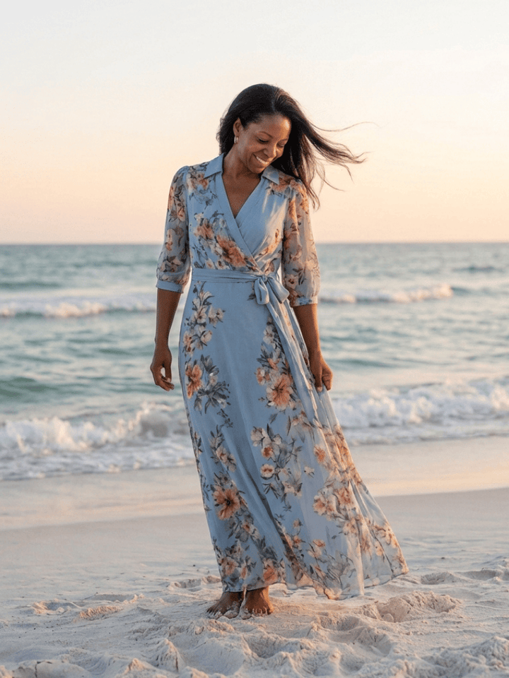 Emma & Rose Cape Town Elowen™ V neck maxi dress in flowing fabric, featuring a sleeveless design and elegant silhouette.