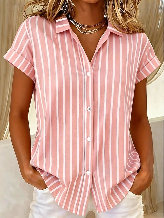 Sylvia Striped Short-Sleeve Blouse, view 4 - Elena Harper